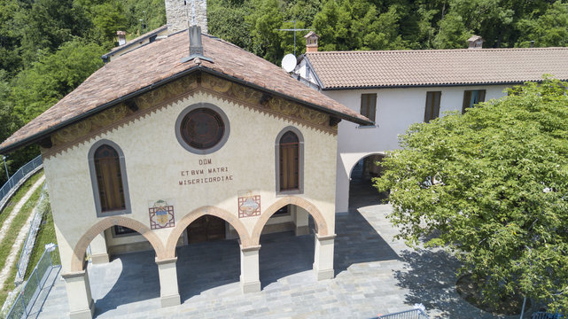 Nembro, Bergamo. Aerial shot of the Shrine named Madonna dello Zuccarello
