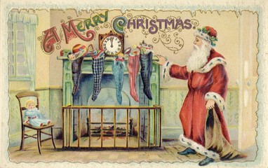 Father Christmas fills stocking on Xmas Eve. Date: circa 1900