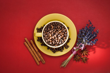 Coffee cup with coffee beans.