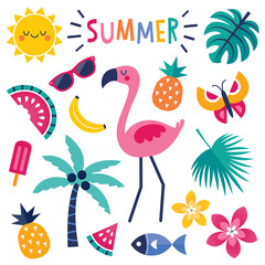 set of colorful summer elements with pink flamingo isolated - obrazy, fototapety, plakaty