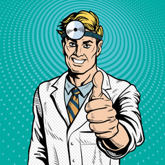 ENT doctor medicine and health. Pop art retro style. Thumb up expresses success