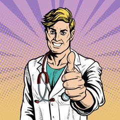 Doctor therapist medicine and health. Profession white coat stethoscope pop art retro style. Thumb up expresses success