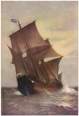 The Mayflower: transporting Pilgrim Fathers to New World.. Date: 1620 - obrazy, fototapety, plakaty