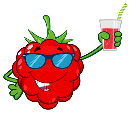 Funny Raspberry Fruit Cartoon Mascot Character With Sunglasses Holding Up A Glass Of Juice. Illustration Isolated On White Background