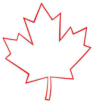 Outlined Canadian Maple Leaf Red Line Cartoon Drawing. Illustration Isolated On White Background