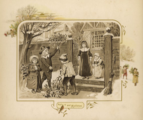Christmas decorations: childern bearing holly - greenery. Date: circa 1897