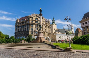 Fototapeta premium Cityscape background of old part of Lviv city in Ukraine