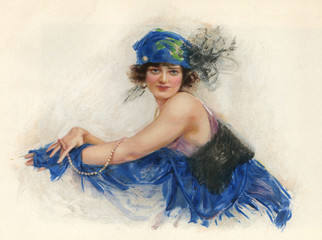Woman wearing blue headscarf with plumes 1920s. Date: 1924