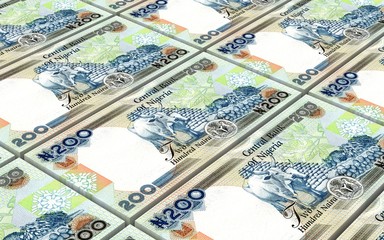 Fototapeta premium Nigerian nairas bills stacked background. 3D illustration.