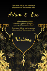 Butterfly with orchids invitation card by hand drawing.Butterfly and gold flower on black background