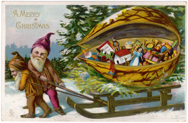 Gnomes deliver Christmas presents in a nutshell. Date: circa 1900