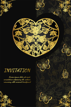 Butterfly with orchids invitation card by hand drawing.Butterfly and gold flower on black background