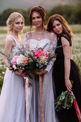 three beautiful girls brunette and blonde,brown-haired woman enjoying Daisy field,nice long dresses, pretty girl relaxing outdoor, having fun, happy young lady and Spring green nature, harmony concept