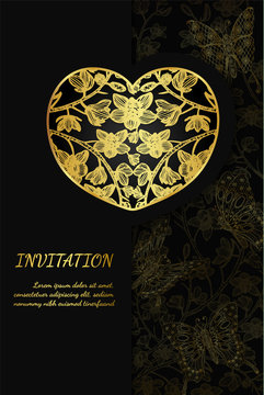 Butterfly with orchids invitation card by hand drawing.Butterfly and gold flower on black background
