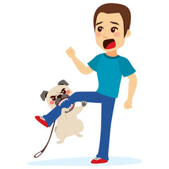 Dog attacking young scared man biting his leg