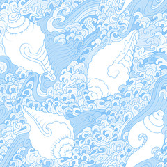 vector blue seamless pattern, improvisation in traditional tibetan style, seashells and waves