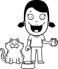 Cartoon Girl Feeding Cat