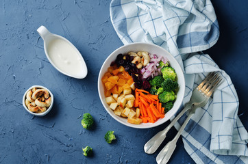Broccoli carrot cashews apple salad with honey greek yogurt dressing