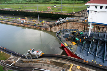 The Panama Canal is an artificial 48-mile (77 km) waterway in Panama that connects the Atlantic Ocean with the Pacific Ocean.