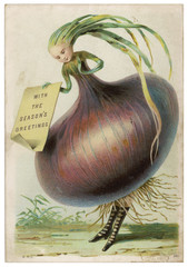 Humanised onion on a Christmas card. Date: circa 1885