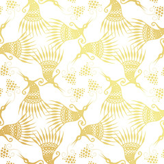 golden seamless pattern, birds in dresses with berries