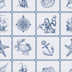 Seamless vector pattern on sea theme. Can be used for textiles, wrapping paper, interior decoration. Old caravel, vintage sailboat, anchor, starfish, seashells.