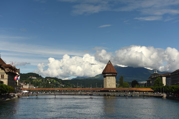 Lucerne cityscape, Switzerland. Chapel Bridge (Kapellbrucke) and Water Tower on Lake Lucerne,...