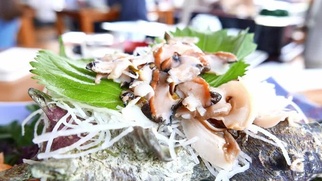 Fresh conch sashimi on plate 