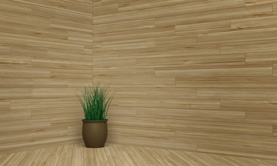 Wood wall interior with plant vase on light floor. 3d render