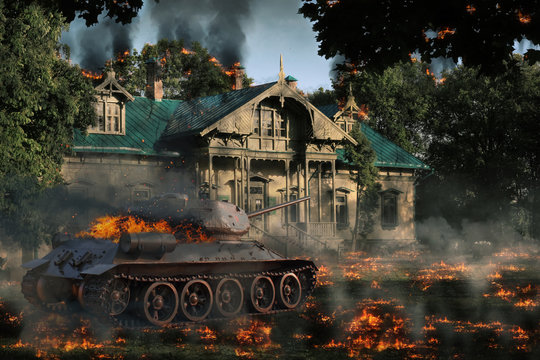 Burning tank at the burning manor