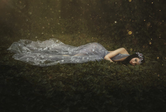 Fantasy woman Sleeping Beauty. girl lies on green grass in dark, dense forest summer nature. Blue purple fairy lace long dress. Art poto portrait lady elf princess beauty face wreath flower on head