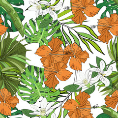 Panele Szklane Podświetlane  Bezszwowe wektor wzór ręcznie rysowane kwiaty i liście. Tropikalny tło.