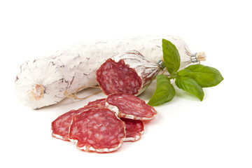 Salami sliced on the white background