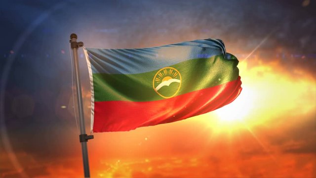 Karachay-Cherkessia Flag Backlit At Beautiful Sunrise Loop Slow Motion 4K