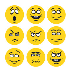 Vector cartoon faces with expressions. Emotion set. Scared, happy, smiling, skeptical, ungry, pensive, embarrassed, upset, insidious