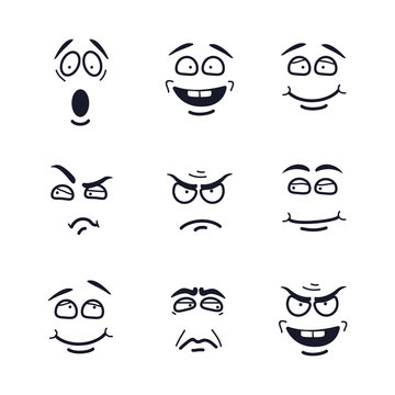 Vector cartoon faces with expressions. Emotion set. Scared, happy, smiling, skeptical, ungry, pensive, embarrassed, upset, insidious