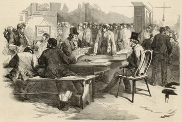 Striking masons meeting in a London pub. Date: 1859