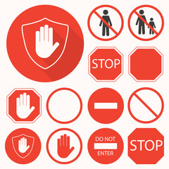 Stop signs collection. Stop hand, octagon, circle, shield signs for prohibited activities