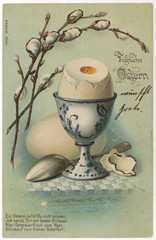 Two eggs on an Easter greetings card. Date: 1901 © Archivist