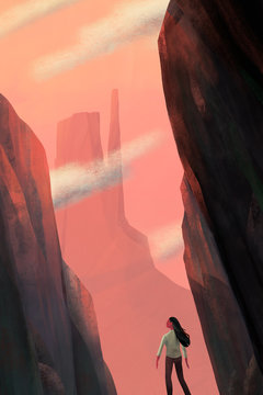Illustration of hiking in canyon