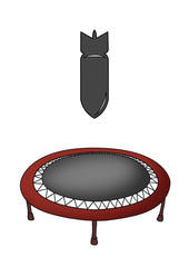 Funny illustration showing a bomb falling down on a trampoline. It is a metaphor of instant karma showing that the damage caused might go back against you