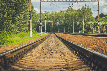 Fototapeta na wymiar The railway close-up. Rails. Road