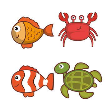 Colorful sea creatures set over white background vector illustration