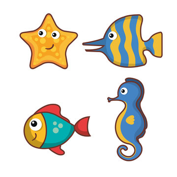 Colorful sea creatures set over white background vector illustration