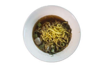 Rice noodle soup with Stewed pork with thai style on white background