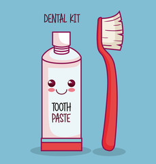 Kawaii tooth paste and brush over blue background vector illustration