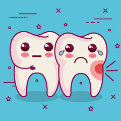 Kawaii tooth hugging sick tooth over blue background vector illustraiton