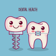 Kawaii dental implant and tooth with braces over blue background vector illustration