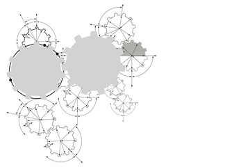 Gears in engagement. Engineering drawing abstract industrial background with a cogwheels.