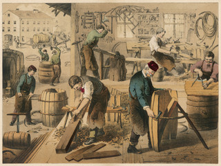 Workshop of a cooper (barrel maker). Date: 1875 - obrazy, fototapety, plakaty